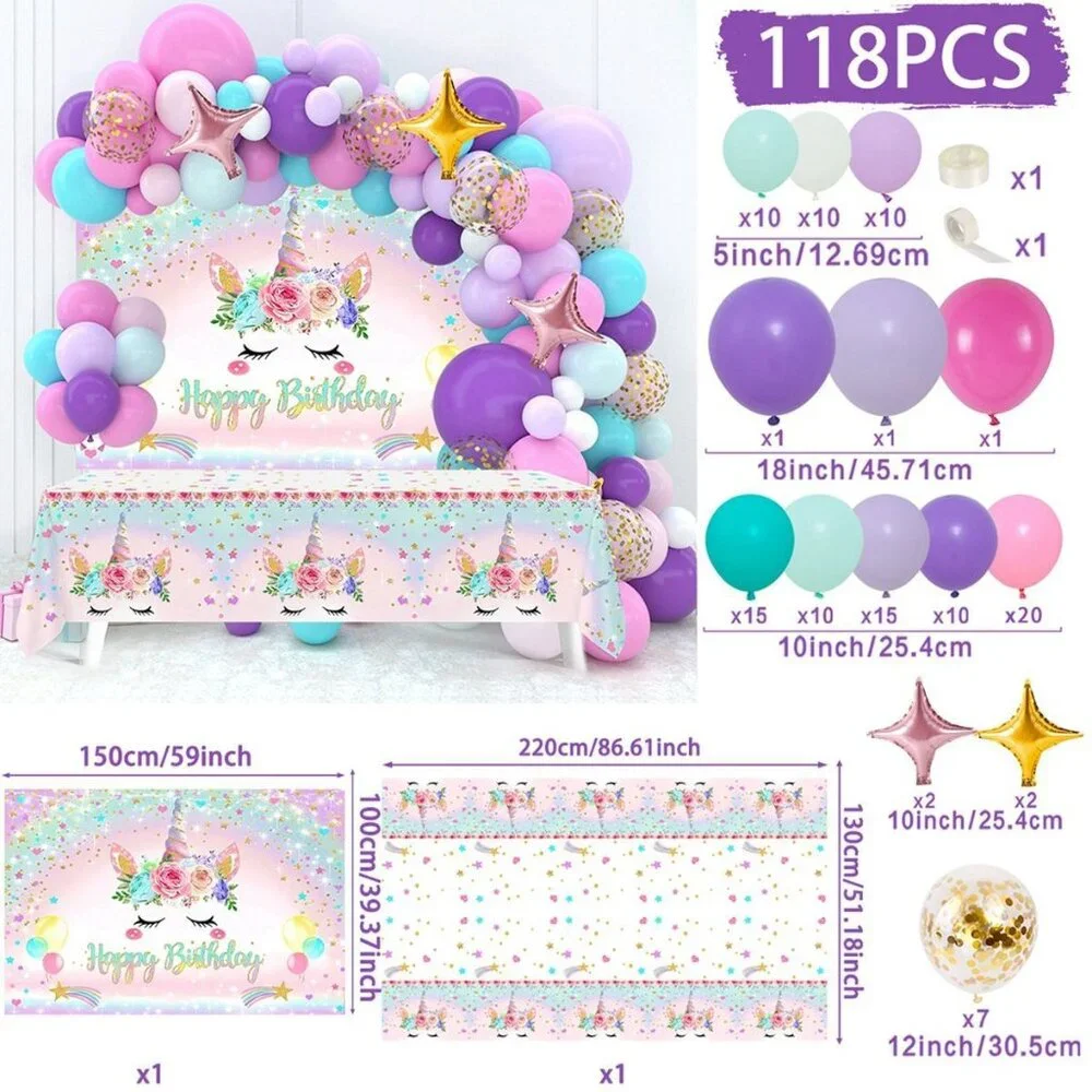 Unicorn Birthday Decoration Set - Backdrop, Balloons, Table Cloth